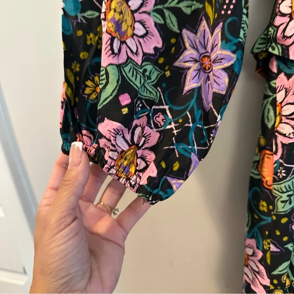 Avara Elena Floral Belted 3/4 Sleeve Mini Dress Black Multicolor Size XS - Picture 9 of 16